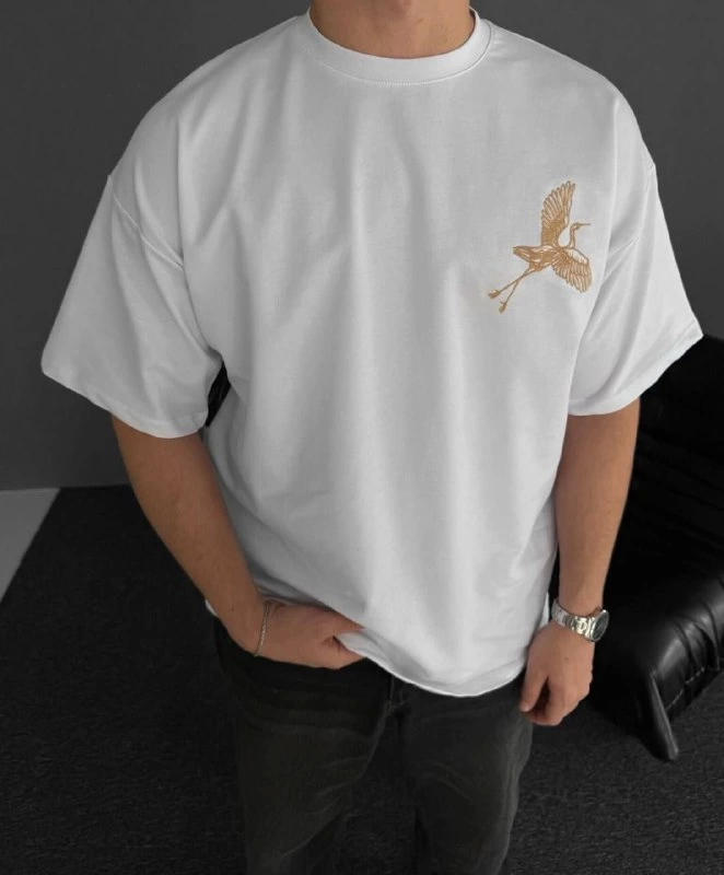 Ön Ve Arka Baskılı Oversize Bisiklet Yaka T-shirt - Beyaz (152671)