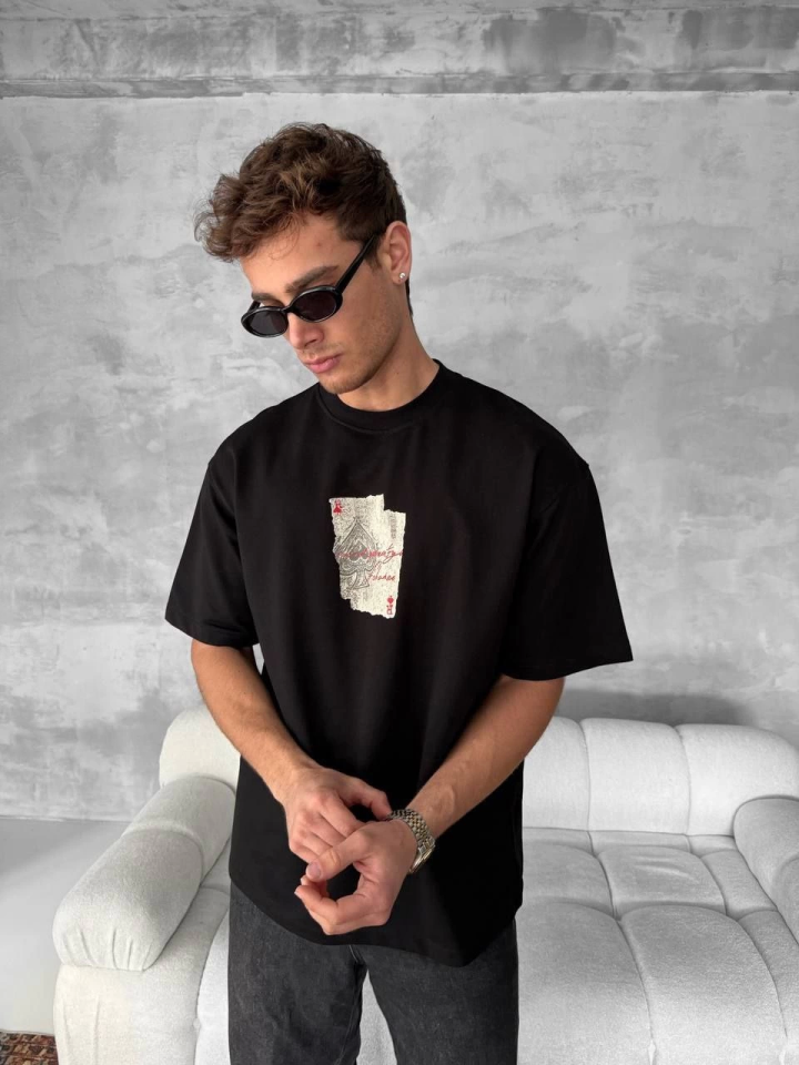 Ön Ve Arka Baskılı Oversize Bisiklet Yaka T-shirt - Siyah (152673)