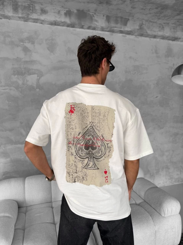 Erkek Ön Ve Arka Baskılı Oversize Bisiklet Yaka T-shirt - Beyaz (152674)