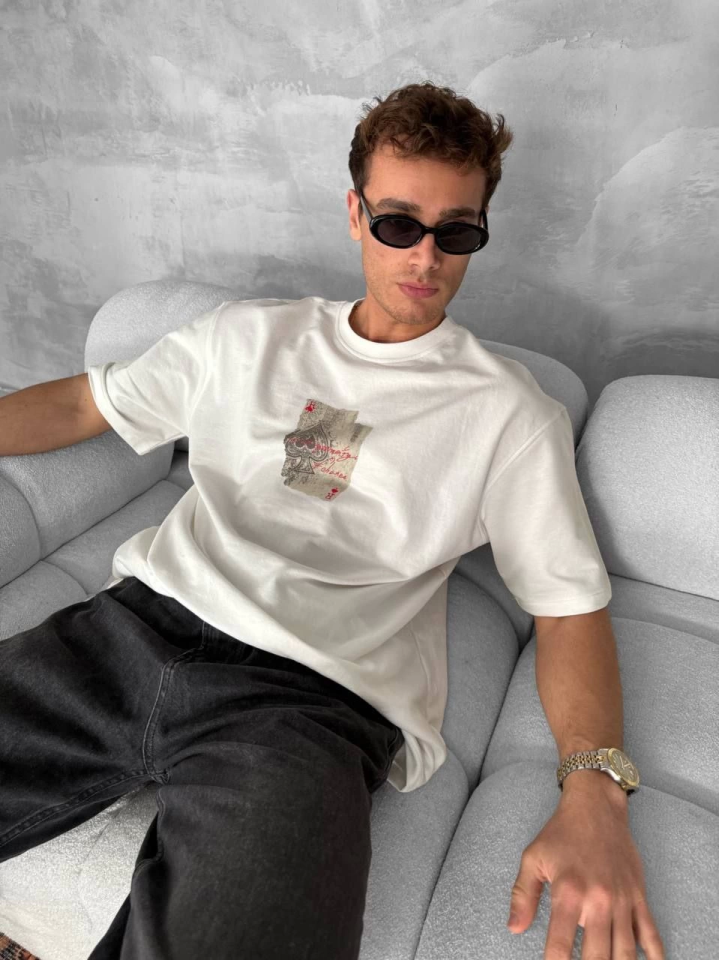 Erkek Ön Ve Arka Baskılı Oversize Bisiklet Yaka T-shirt - Beyaz (152674)