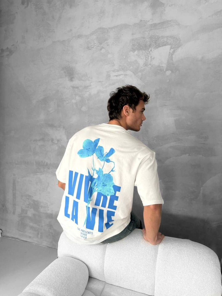Ön Ve Arka Baskılı Oversize Bisiklet Yaka T-shirt- Beyaz (153732)