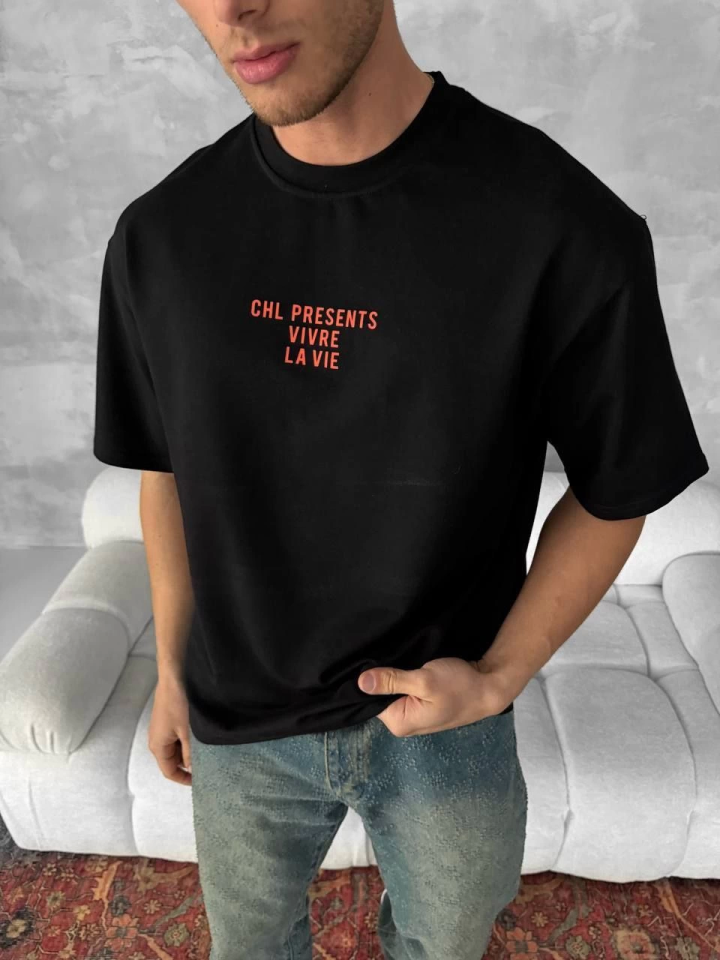 Ön Ve Arka Baskılı Oversize Bisiklet Yaka T-shirt- Siyah (153733)