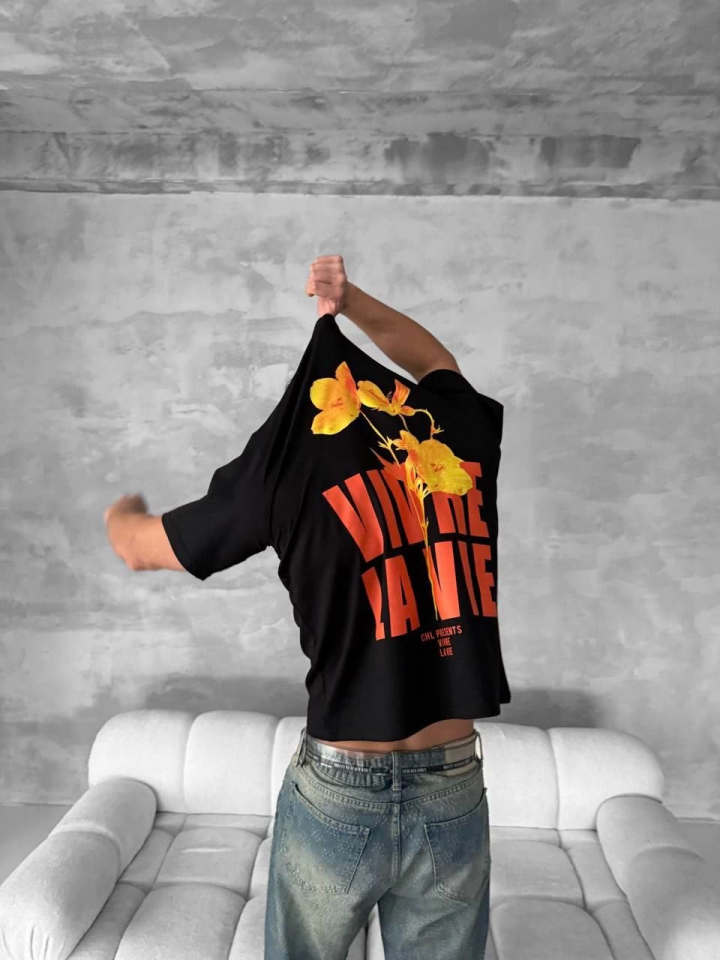Ön Ve Arka Baskılı Oversize Bisiklet Yaka T-shirt- Siyah (153733)
