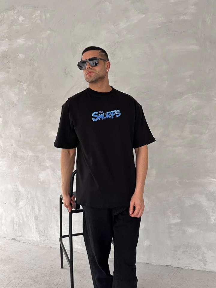 Ön Ve Arka Baskılı Oversize Bisiklet Yaka T-shirt- Siyah (153734)