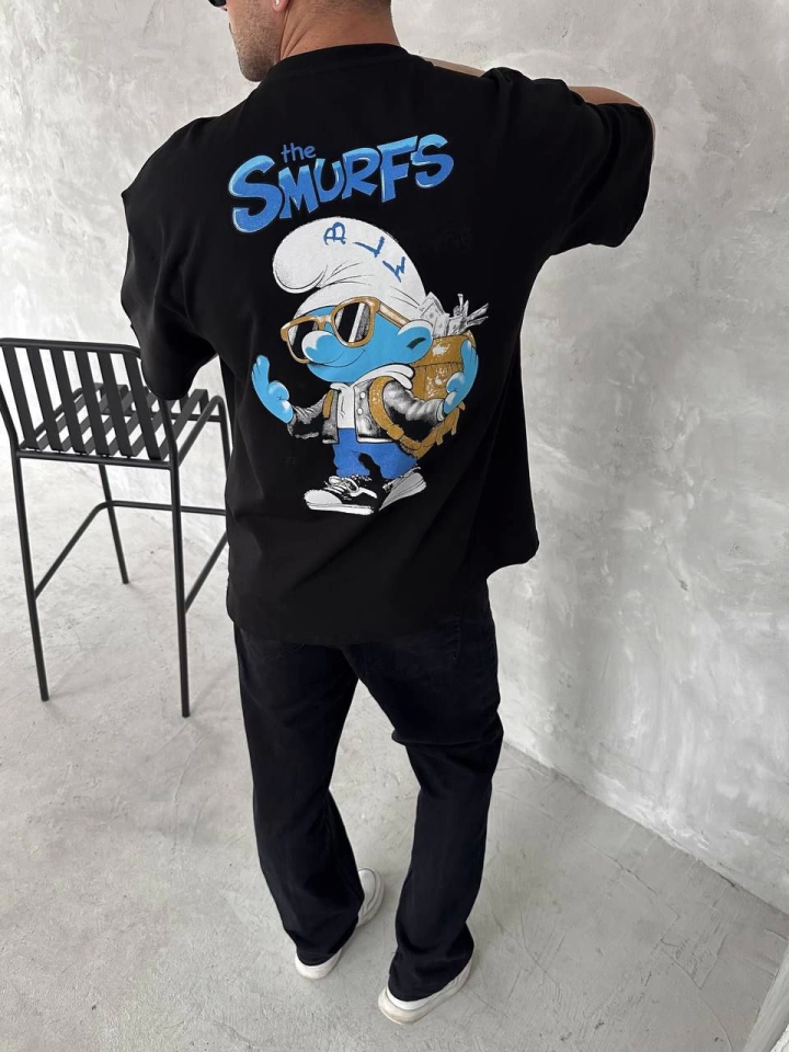 Ön Ve Arka Baskılı Oversize Bisiklet Yaka T-shirt- Siyah (153734)