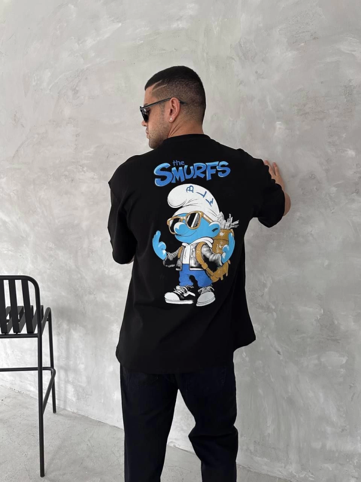 Ön Ve Arka Baskılı Oversize Bisiklet Yaka T-shirt- Siyah (153734)