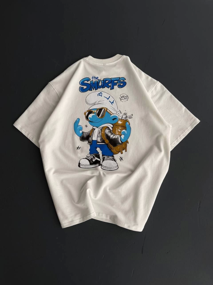 Ön Ve Arka Baskılı Oversize Bisiklet Yaka T-shirt- Beyaz (153735)