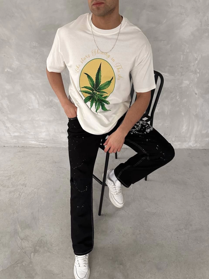 Ön Ve Arka Baskılı Oversize Bisiklet Yaka T-shirt- Beyaz (153736)