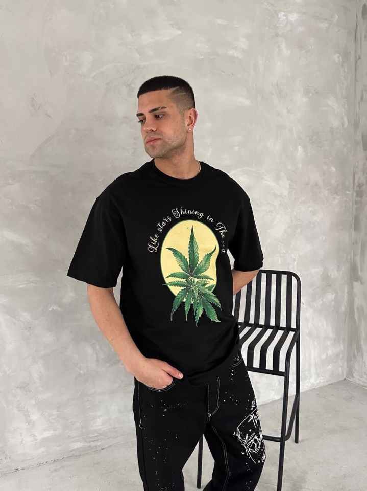 Ön Ve Arka Baskılı Oversize Bisiklet Yaka T-shirt- Siyah (153737)