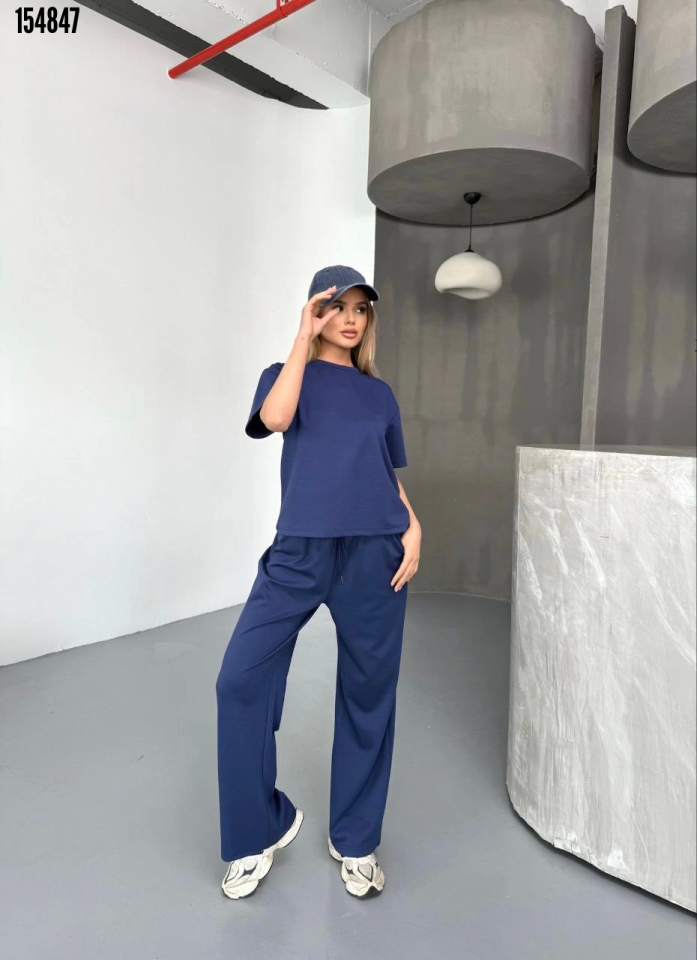 Osy Modal Yumuşak Dokulu Kumaş Kısa Kollu Bluz Rahat Pantalon ikili Takım Lacivert