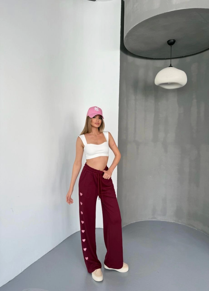 Osy Modal Yumuşak Dokulu Kumaş Nakış Işlemeli Rahat Bol Paça Eşofman Pantalon - Bordo (156896)