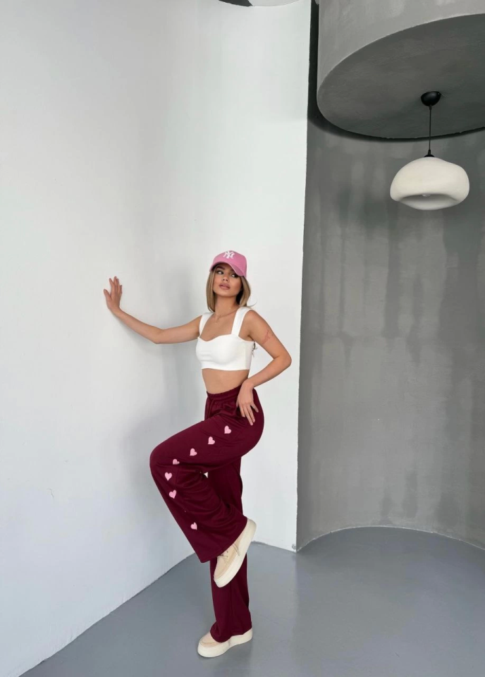 Osy Modal Yumuşak Dokulu Kumaş Nakış Işlemeli Rahat Bol Paça Eşofman Pantalon - Bordo (156896)