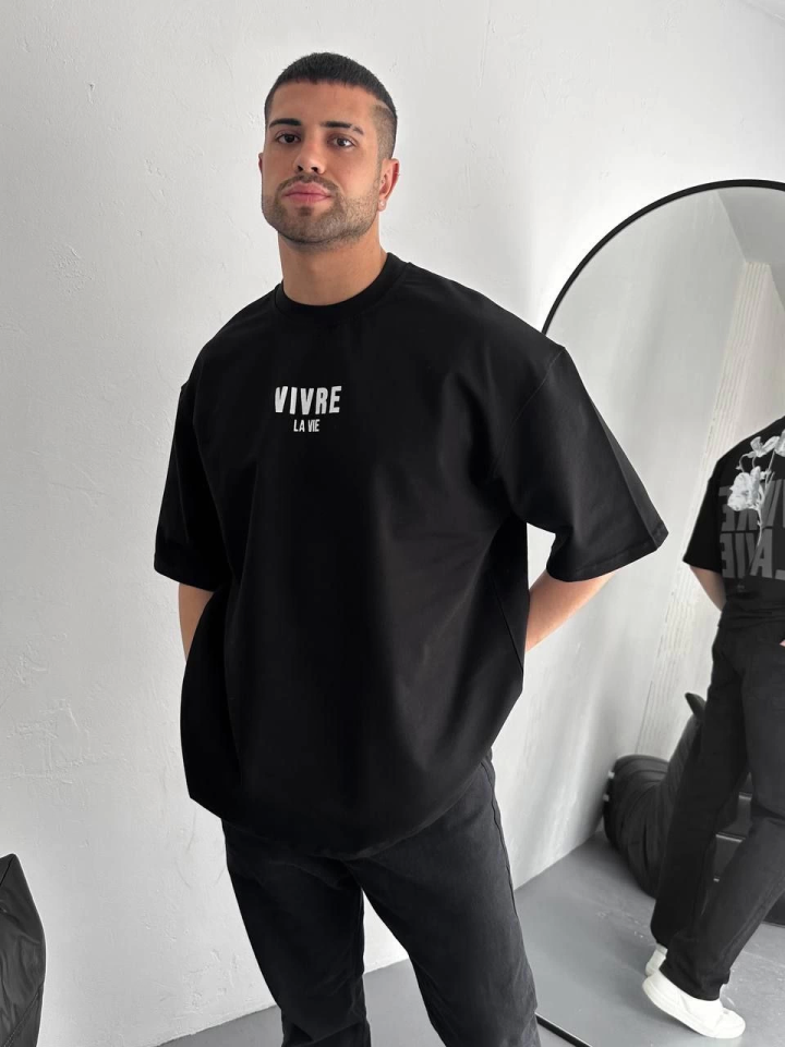 Baskılı Oversize Bisiklet Yaka T-shirt - Siyah (157059)