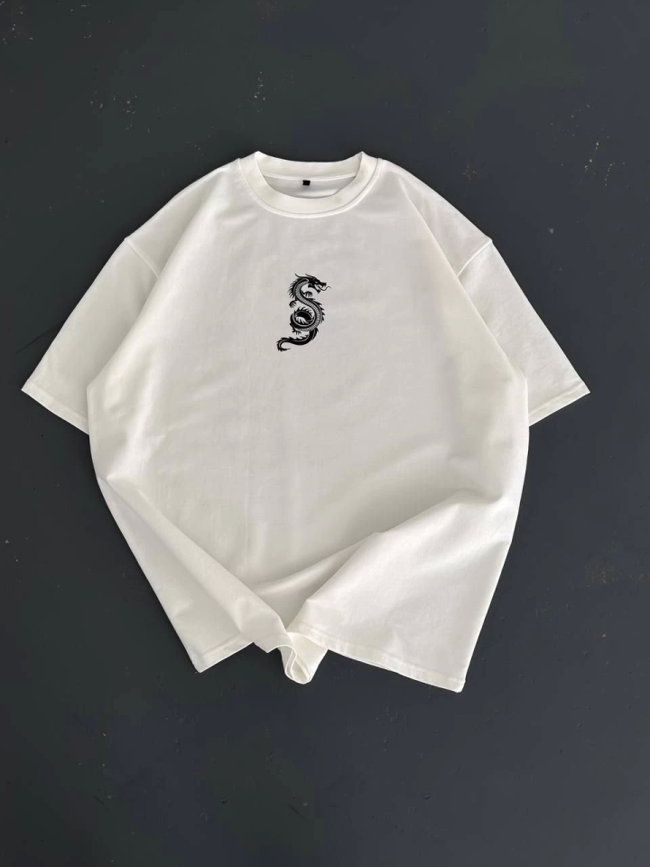 Baskılı Oversize Bisiklet Yaka T-shirt - Beyaz (157061)
