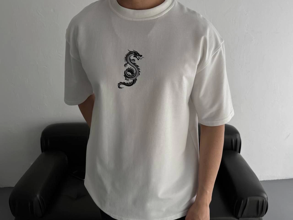 Baskılı Oversize Bisiklet Yaka T-shirt - Beyaz (157061)