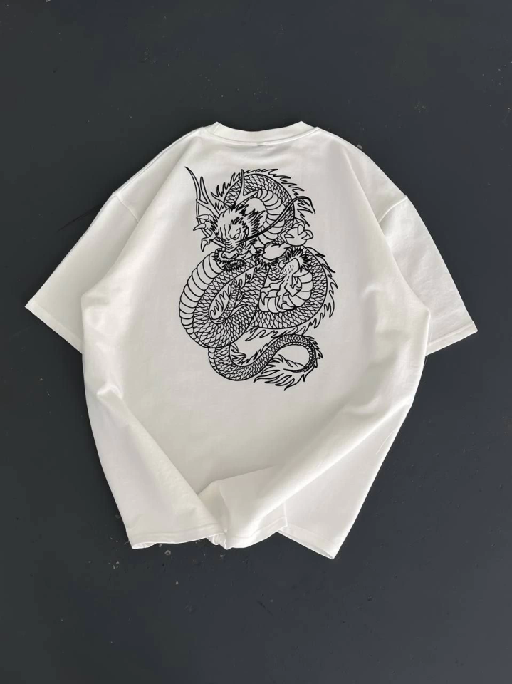 Baskılı Oversize Bisiklet Yaka T-shirt - Beyaz (157061)