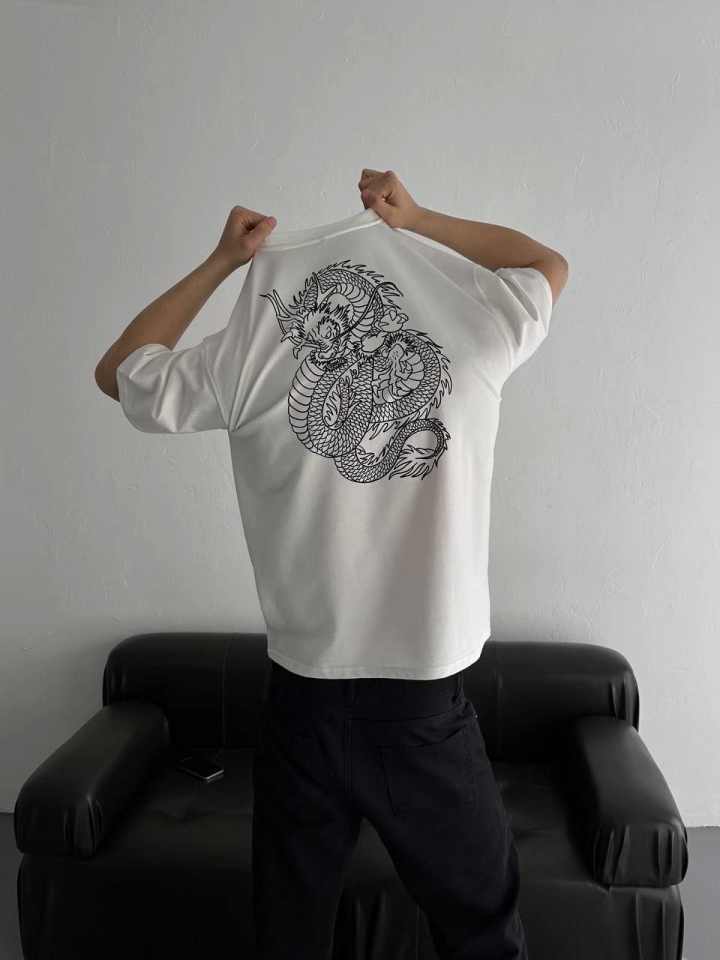 Baskılı Oversize Bisiklet Yaka T-shirt - Beyaz (157061)