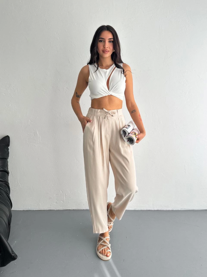 Yüksel Bel Rahat Paça Pantalon - Kırık Beyaz (157945)