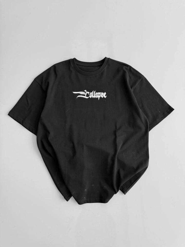 Baskılı Oversize Bisiklet Yaka T-shirt - Siyah (158586)