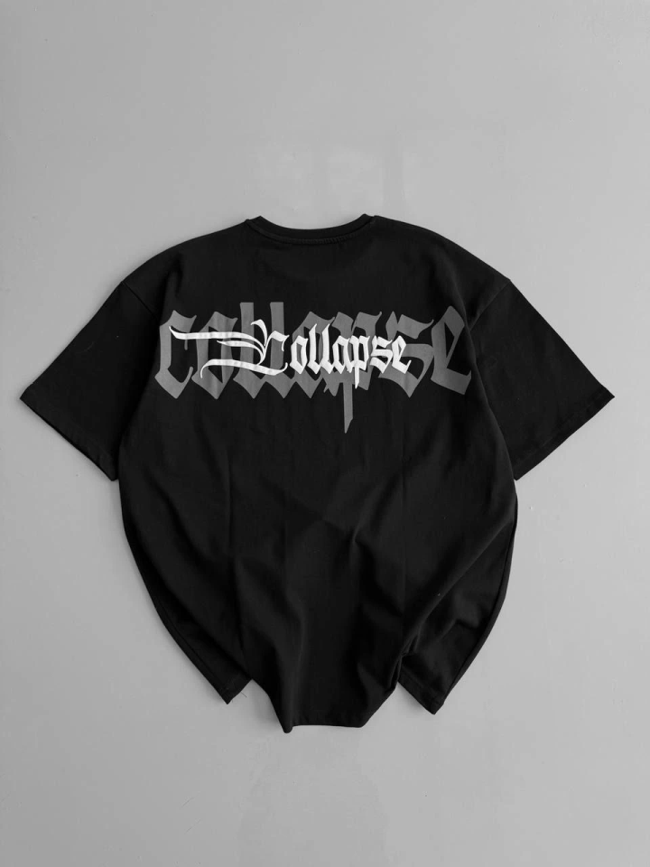 Baskılı Oversize Bisiklet Yaka T-shirt - Siyah (158586)