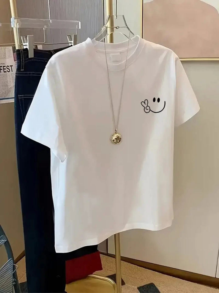 Baskılı Oversize Bisiklet Yaka T-shirt - Beyaz (158821)