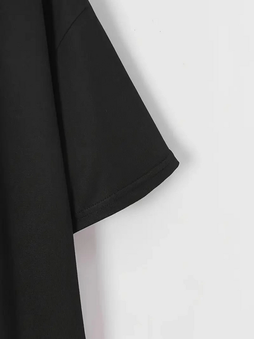 Baskılı Oversize Bisiklet Yaka T-shirt - Siyah (158824)