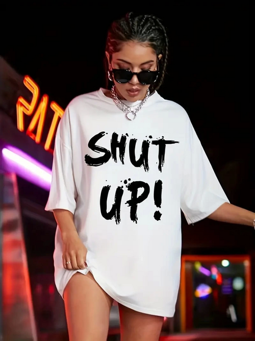 Baskılı Oversize Bisiklet Yaka T-shirt - Beyaz (158825)