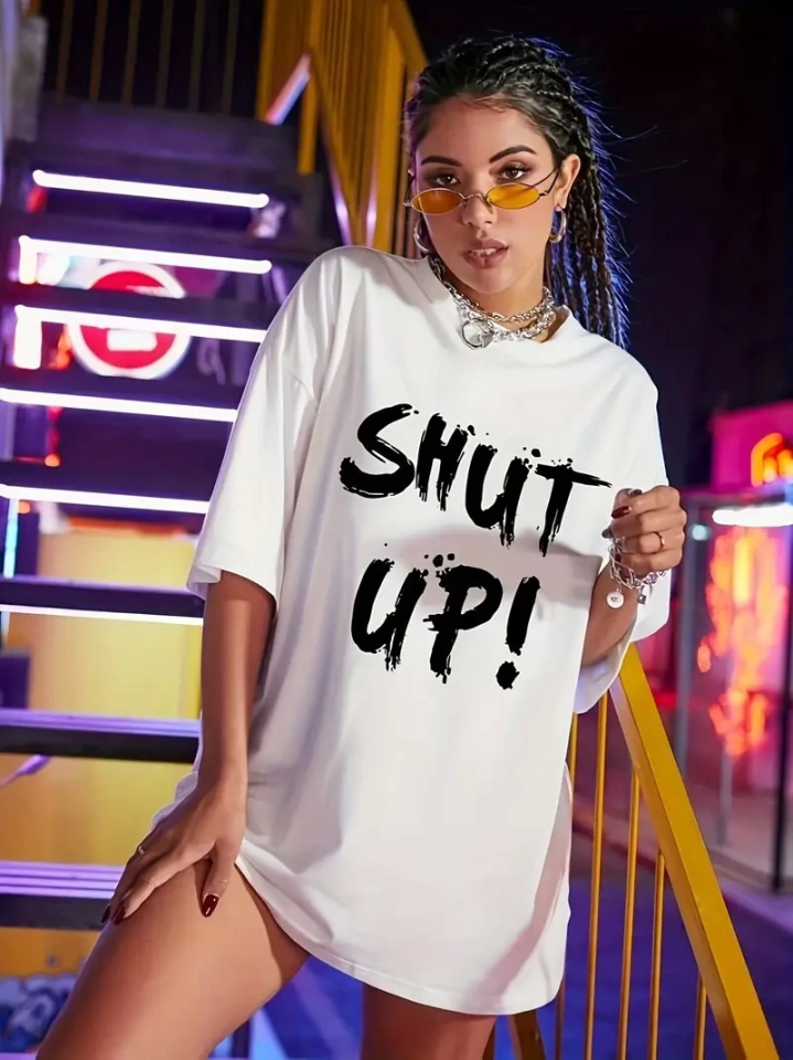 Baskılı Oversize Bisiklet Yaka T-shirt - Beyaz (158825)