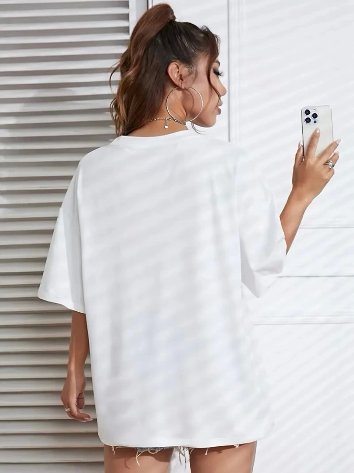 Baskılı Oversize Bisiklet Yaka T-shirt - Beyaz (158826)