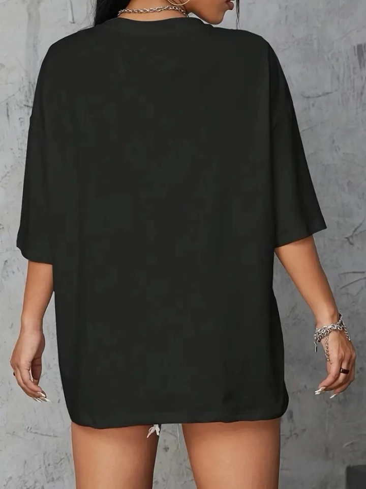 Baskılı Oversize Bisiklet Yaka T-shirt - Siyah (158828)