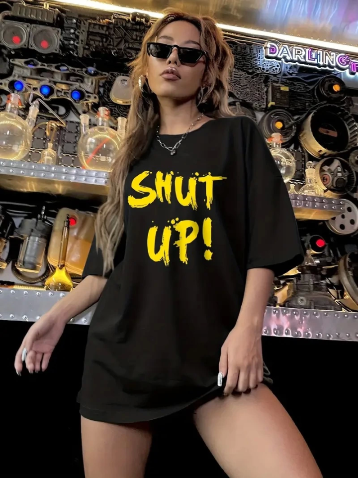 Baskılı Oversize Bisiklet Yaka T-shirt - Siyah (158838)