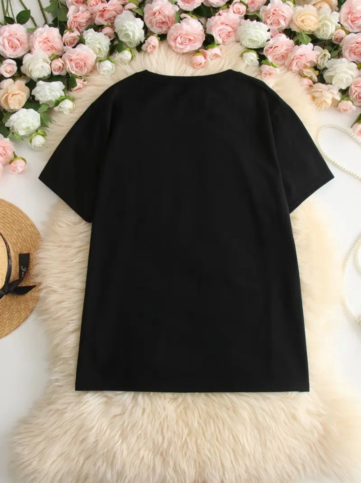 Baskılı Oversize Bisiklet Yaka T-shirt - Siyah (158841)