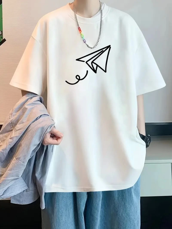 Baskılı Oversize Bisiklet Yaka T-shirt - Beyaz (158848)