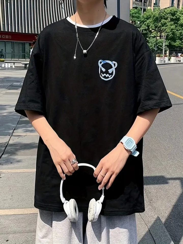 Baskılı Oversize Bisiklet Yaka T-shirt - Siyah (158901)