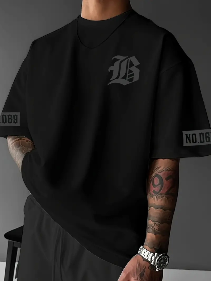 Baskılı Oversize Bisiklet Yaka T-shirt - Siyah (158902)