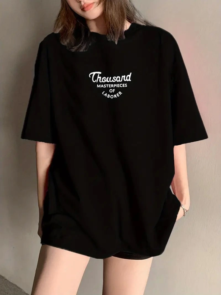 Thousand Baskılı Oversize Bisiklet Yaka T-shirt - Siyah (158926)