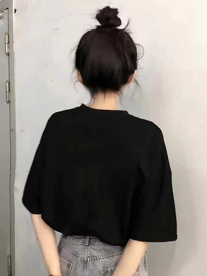 Baskılı Oversize Bisiklet Yaka T-shirt - Siyah (158932)
