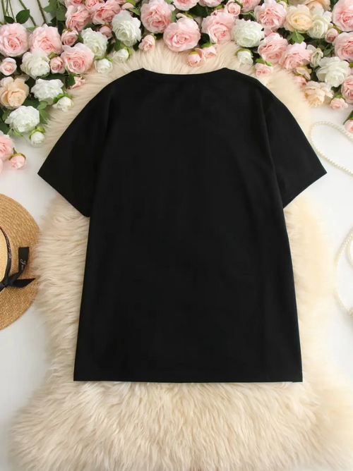 Baskılı Oversize Bisiklet Yaka T-shirt - Siyah (158934)