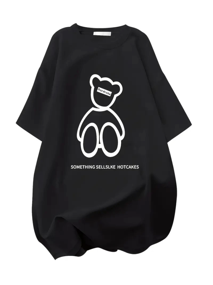 Baskılı Oversize Bisiklet Yaka T-shirt - Siyah (158935)