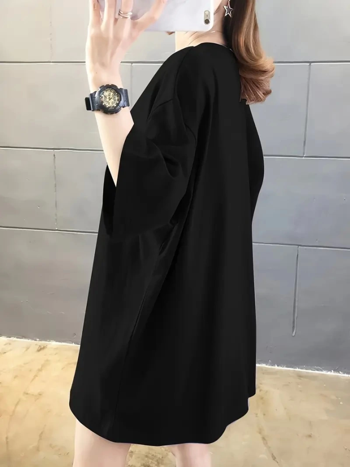 Baskılı Oversize Bisiklet Yaka T-shirt - Siyah (158935)