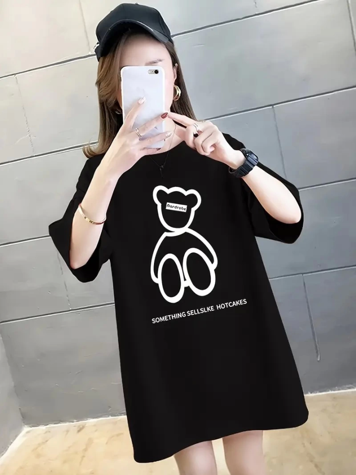 Baskılı Oversize Bisiklet Yaka T-shirt - Siyah (158935)