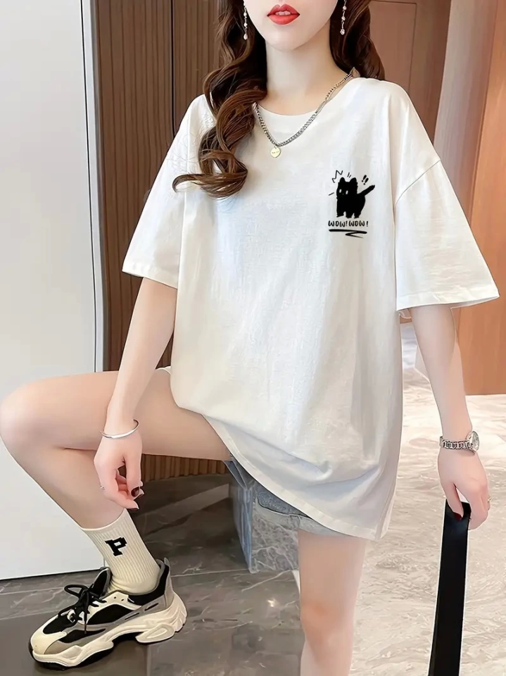 Baskılı Oversize Bisiklet Yaka T-shirt - Beyaz (158939)