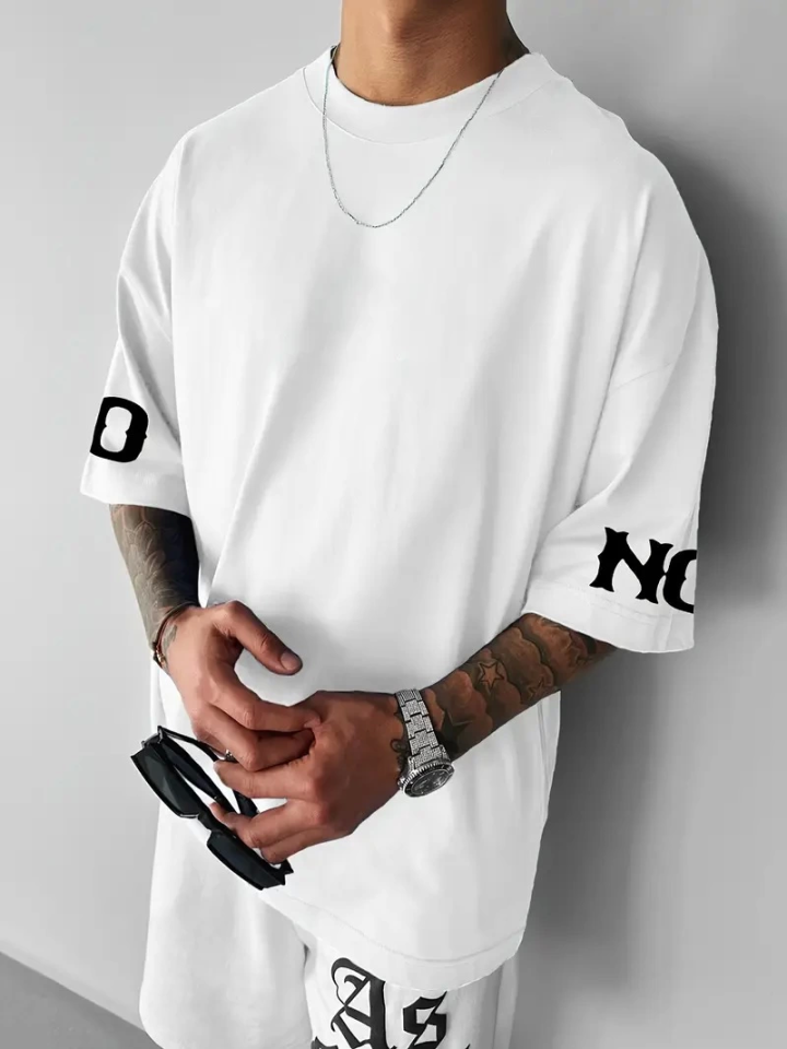 Baskılı Oversize Bisiklet Yaka T-shirt - Beyaz (158943)