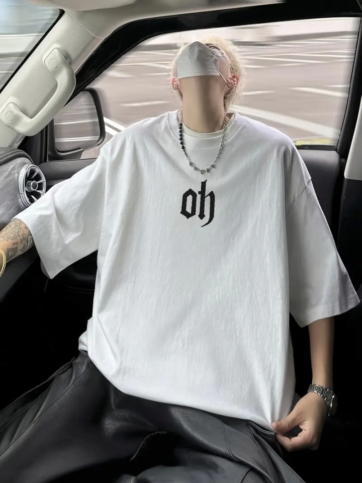 Baskılı Oversize Bisiklet Yaka T-shirt - Beyaz (158944)