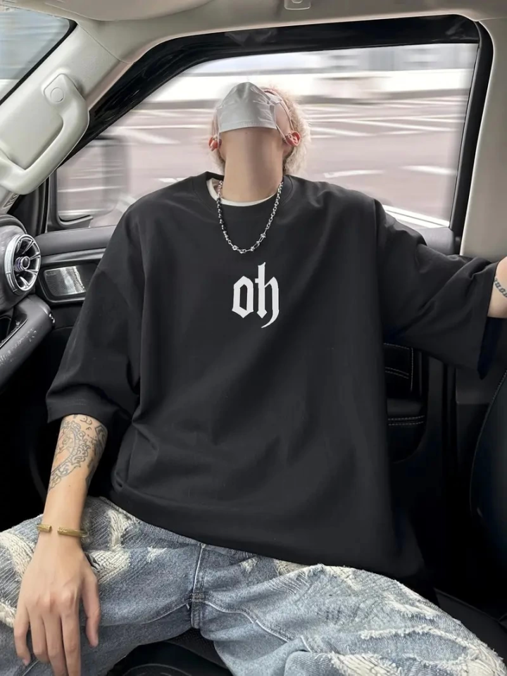 Baskılı Oversize Bisiklet Yaka T-shirt - Siyah (158945)