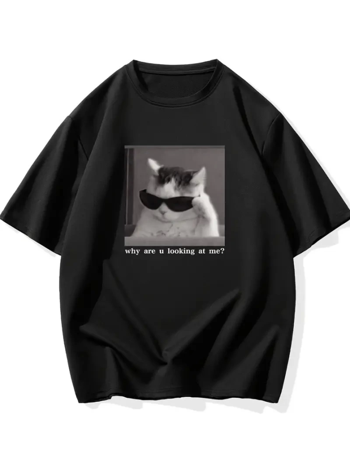 Baskılı Oversize Bisiklet Yaka T-shirt - Siyah (158946)