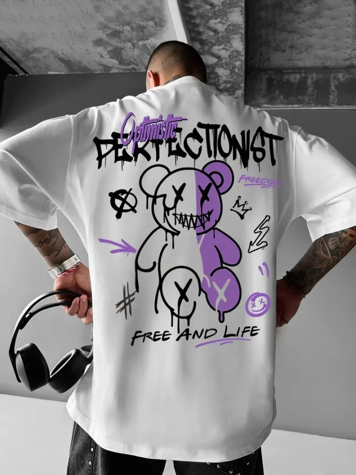 Baskılı Oversize Bisiklet Yaka T-shirt - Beyaz (158949)