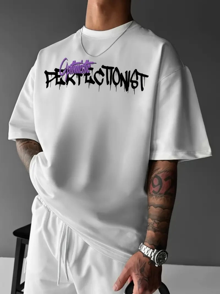 Baskılı Oversize Bisiklet Yaka T-shirt - Beyaz (158949)