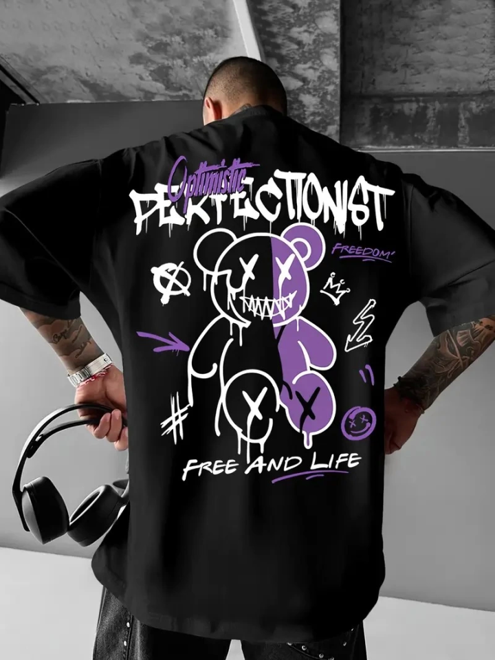 Baskılı Oversize Bisiklet Yaka T-shirt - Siyah (158950)