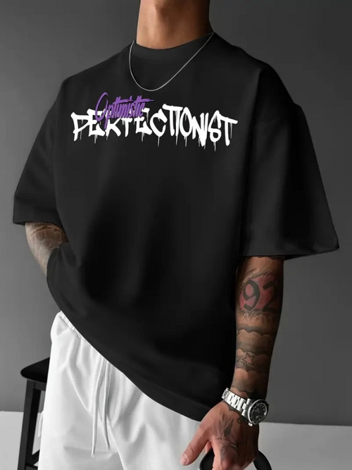 Baskılı Oversize Bisiklet Yaka T-shirt - Siyah (158950)